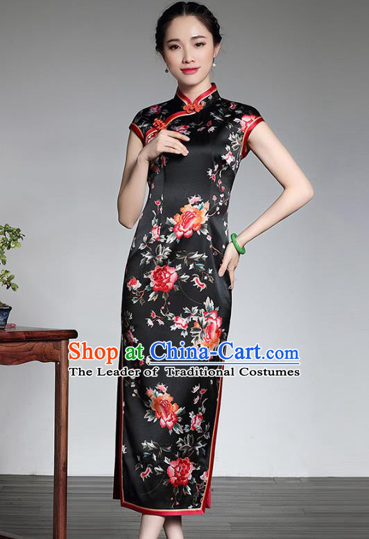 Asian Republic of China Top Grade Silk Plated Buttons Printing Peony Black Cheongsam, Traditional Chinese Tang Suit Qipao Dress for Women