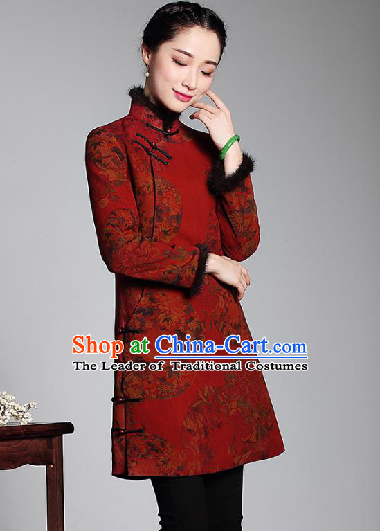 Asian Republic of China Top Grade Plated Buttons Watered Gauze Red Cheongsam Coat, Traditional Chinese Tang Suit Qipao Upper Outer Garment for Women