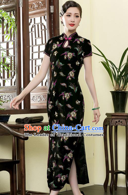 Asian Republic of China Top Grade Plated Buttons Black Velvet Printing Cheongsam, Traditional Chinese Tang Suit Qipao Dress for Women