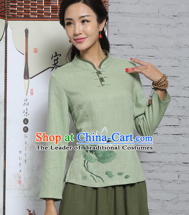 Asian China Top Grade Green Linen Hand Painting Cheongsam Blouse, Traditional Chinese Tang Suit Hanfu Plated Buttons Shirts for Women