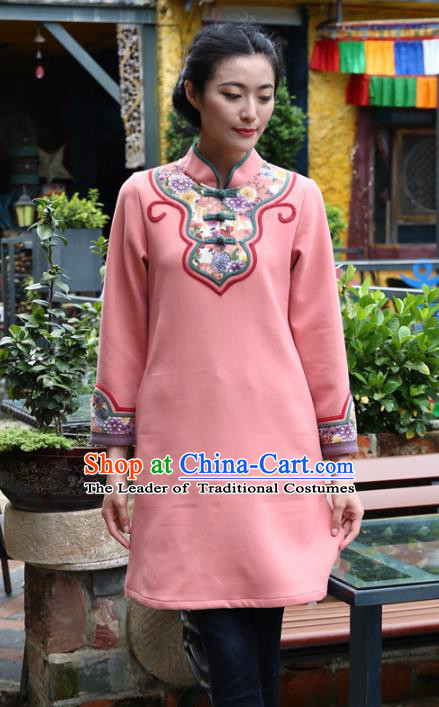 Asian China Hand Painting Pink Linen Cheongsam Blouse, Traditional Chinese Tang Suit Hanfu Plated Button Qipao Shirts for Women