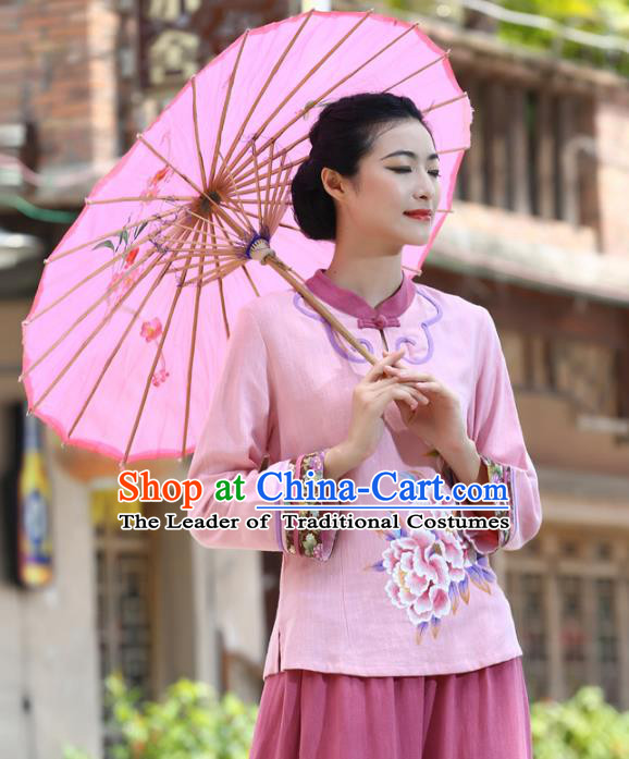 Asian China Top Grade Pink Linen Hand Painting Peony Cheongsam Blouse, Traditional Chinese Tang Suit Hanfu Plated Button Qipao Shirts for Women
