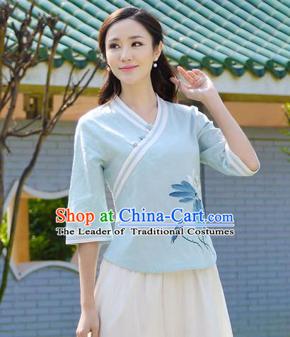 Asian China Top Grade Blue Linen Hand Painting Lotus Cheongsam Blouse, Traditional Chinese Tang Suit Hanfu Plated Button Qipao Shirts for Women