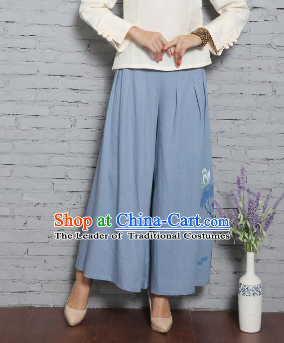 Traditional Chinese National Costume Loose Pants, Elegant Hanfu Blue Linen Wide leg Pants, China Tang Suit Ultra-wide-leg Trousers for Women