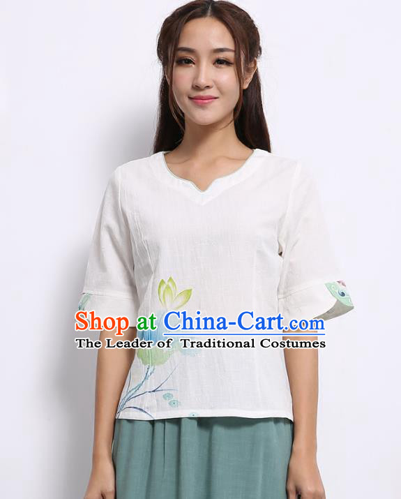 Asian China Top Grade Linen Printing Lotus Cheongsam Blouse, Traditional Chinese Tang Suit Hanfu Plated Button Qipao Shirts for Women