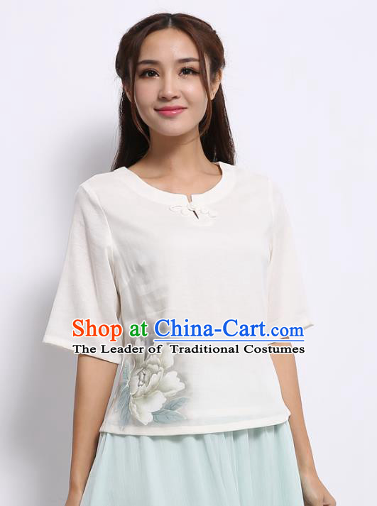 Asian China Top Grade White Linen Hand Ink Painting Peony Cheongsam Blouse, Traditional Chinese Tang Suit Hanfu Plated Button Qipao Shirts for Women