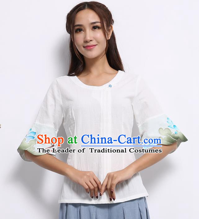 Asian China Top Grade White Linen Hand Painting Lotus Cheongsam Blouse, Traditional Chinese Tang Suit Hanfu Plated Button Qipao Shirts for Women
