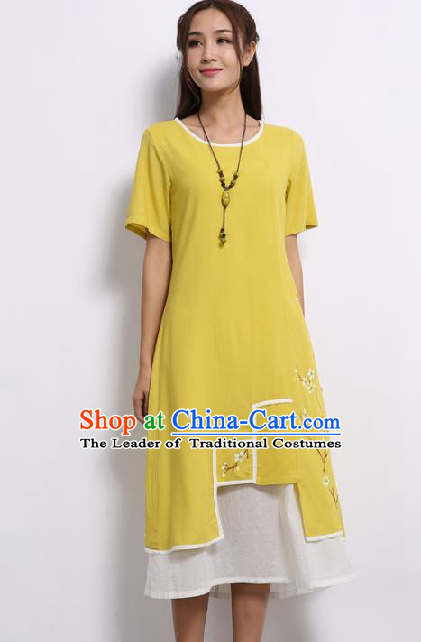 Asian China Top Grade Yellow Linen Hand Painting Cheongsam, Traditional Chinese Tang Suit Hanfu Plated Button Qipao Dress for Women