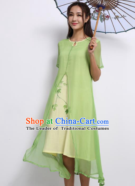 Asian China Top Grade Green Silk Hand Painting Cheongsam, Traditional Chinese Tang Suit Hanfu Plated Button Qipao Dress for Women