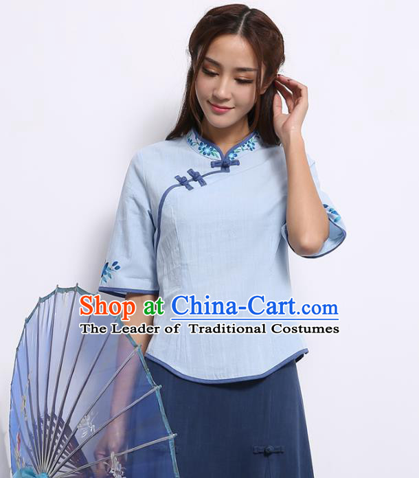 Asian China Top Grade Blue Linen Cheongsam Blouse, Traditional Chinese Tang Suit Hanfu Plated Button Qipao Shirts for Women