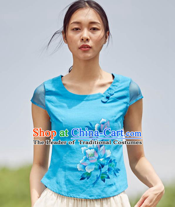 Asian China Top Grade Blue Linen Printing Flowers Cheongsam Blouse, Traditional Chinese Tang Suit Hanfu Plated Button Qipao Shirts for Women