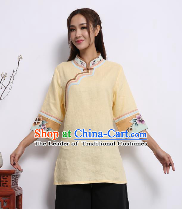 Asian China Top Grade Yellow Linen Cheongsam Blouse, Traditional Chinese Tang Suit Hanfu Plated Button Qipao Shirts for Women