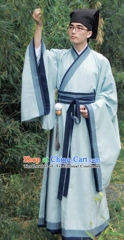 Asian China Han Dynasty Scholar Costume Blue Long Robe, Traditional Chinese Ancient Chancellor Hanfu Clothing for Men