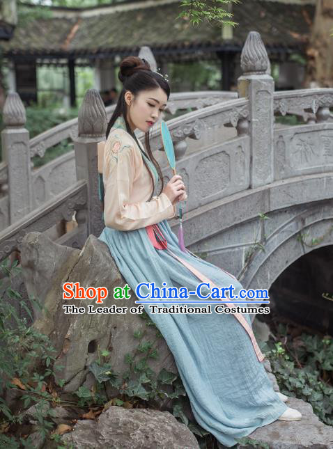 Asian China Tang Dynasty Palace Lady Costume Complete Set, Traditional Chinese Ancient Princess Embroidered Hanfu Slip Dress for Women