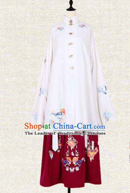 Asian China Ming Dynasty Princess Costume Embroidered Blouse and Red Skirt, Traditional Ancient Chinese Palace Lady Embroidery Clothing for Women