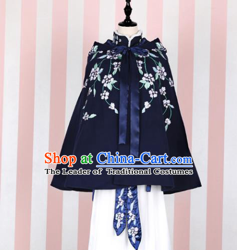 Asian China Ming Dynasty Princess Costume Embroidered Navy Cape, Traditional Ancient Chinese Palace Lady Embroidery Cloak Clothing for Women