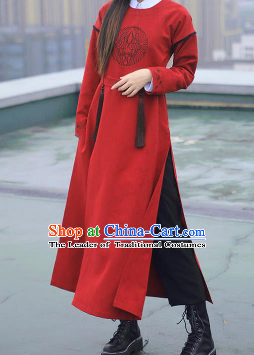 Asian China Tang Dynasty Swordswoman Embroidered Costume Red Robe, Traditional Ancient Chinese Elegant Hanfu Embroidery Clothing for Women