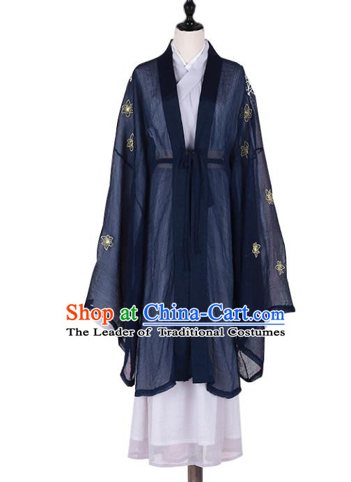 Asian China Jin Dynasty Swordswoman Embroidered Costume Complete Set, Traditional Ancient Chinese Elegant Hanfu Navy Cardigan Clothing for Women