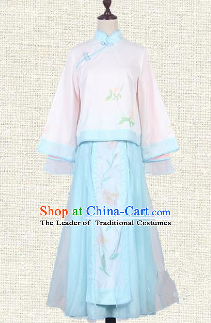 Asian China Qing Dynasty Princess Costume Embroidered Blouse and Skirts, Traditional Ancient Chinese Manchu Lady Elegant Hanfu Clothing for Women