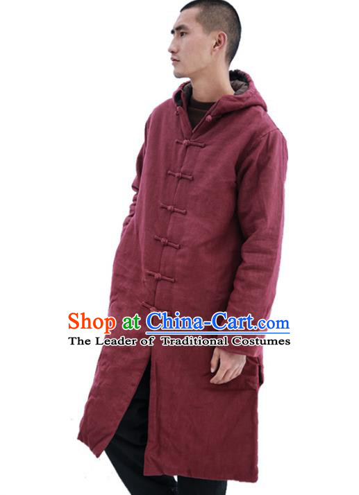 Asian China National Costume Red Cotton-padded Jacket, Traditional Chinese Tang Suit Plated Buttons Dust Coat Clothing for Men