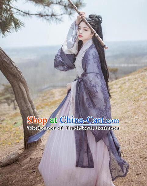 Asian China Jin Dynasty Princess Embroidered Clothing Complete Set, Traditional Ancient Chinese Palace Lady Hanfu Navy Cardigan for Women