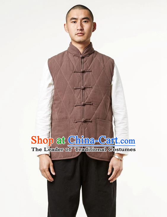 Asian China National Costume Brown Cotton-padded Vest, Traditional Chinese Tang Suit Plated Buttons Waistcoat Clothing for Men