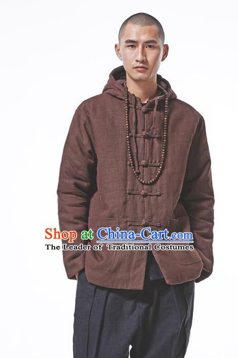 Asian China National Costume Brown Cotton-padded Jacket, Traditional Chinese Tang Suit Plated Buttons Coat Clothing for Men