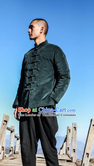 Asian China National Costume Green Corduroy Cotton-padded Jacket, Traditional Chinese Tang Suit Plated Buttons Coat Clothing for Men