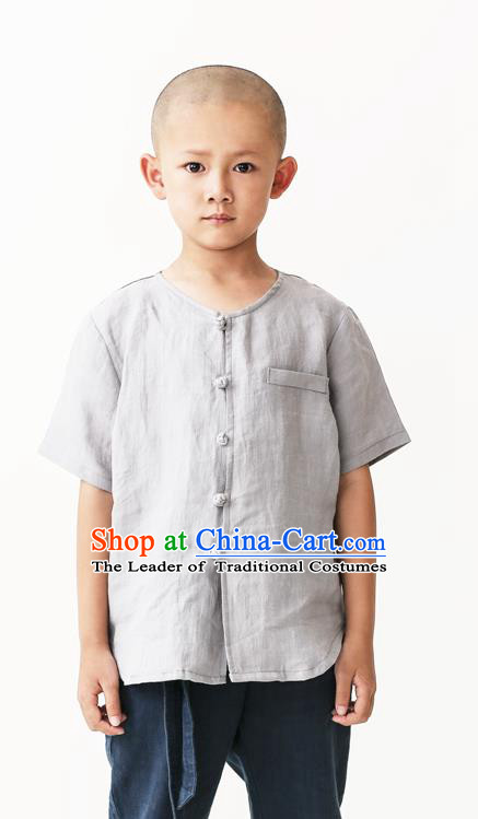 Asian China National Costume Grey Linen Kung Fu Shirts, Traditional Chinese Tang Suit Upper Outer Garment Clothing for Kids