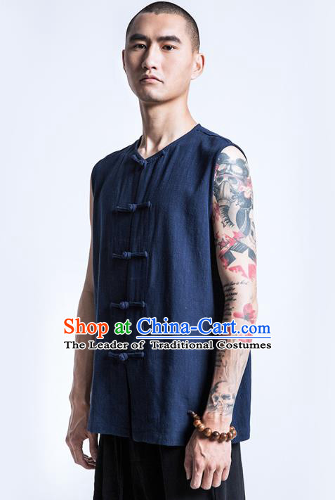 Asian China National Costume Navy Linen Vest, Traditional Chinese Tang Suit Plated Buttons Waistcoat Clothing for Men