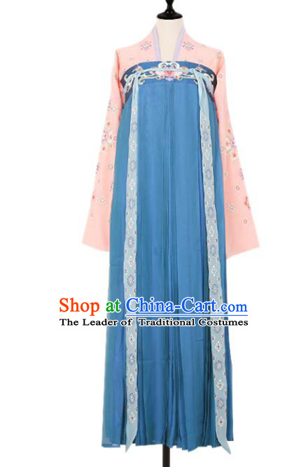 Asian China Tang Dynasty Princess Embroidered Clothing Complete Set, Traditional Ancient Chinese Palace Lady Hanfu Blue Slip Skirt Costume for Women