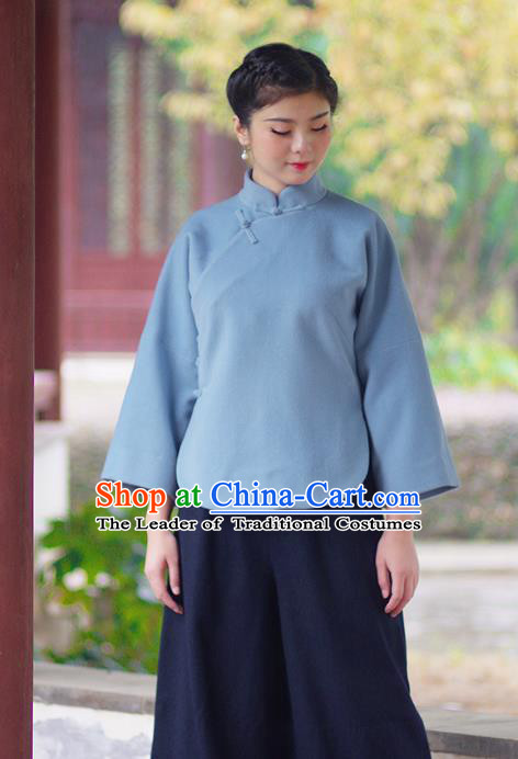 Asian China National Costume Slant Opening Blue Hanfu Blouse, Traditional Chinese Tang Suit Cheongsam Shirts Upper Outer Garment Clothing for Women