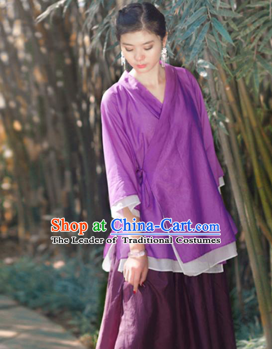 Asian China National Costume Slant Opening Purple Hanfu Blouse, Traditional Chinese Tang Suit Cheongsam Shirts Upper Outer Garment Clothing for Women