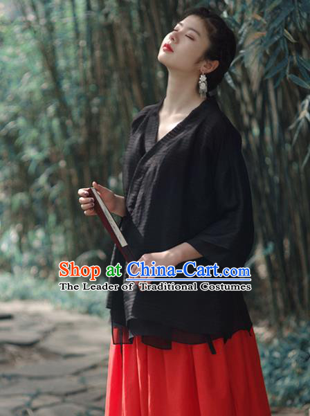 Asian China National Costume Slant Opening Black Hanfu Blouse, Traditional Chinese Tang Suit Cheongsam Shirts Upper Outer Garment Clothing for Women