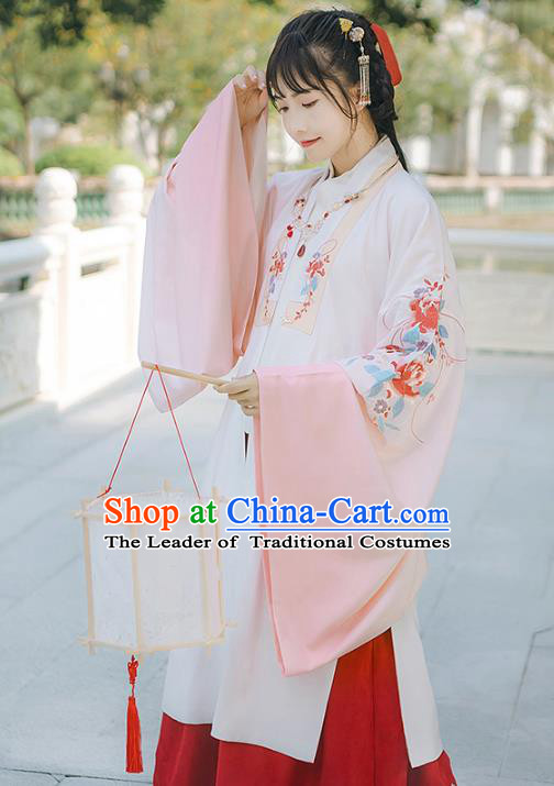 Asian China Ming Dynasty Princess Embroidered Peony White Cloak, Traditional Ancient Chinese Palace Lady Elegant Hanfu Dress Clothing for Women
