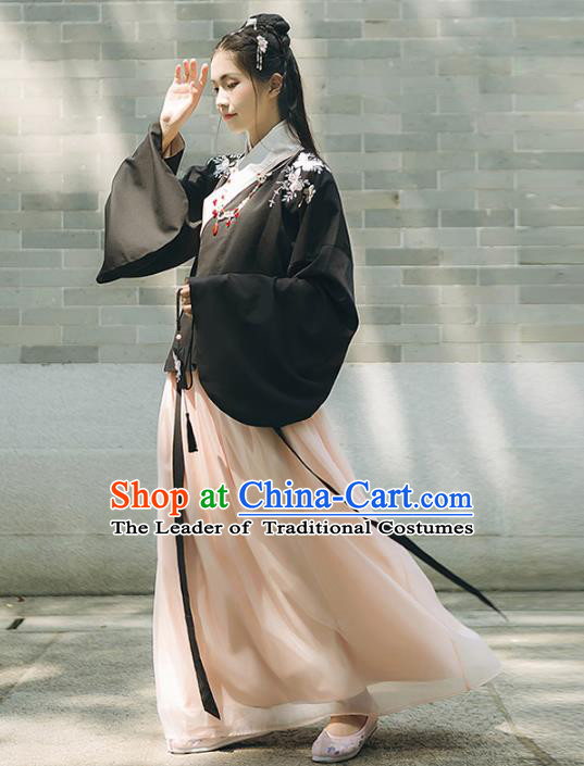 Asian China Ming Dynasty Palace Lady Costume, Traditional Ancient Chinese Princess Elegant Hanfu Embroidered Butterfly Blouse and Skirt for Women