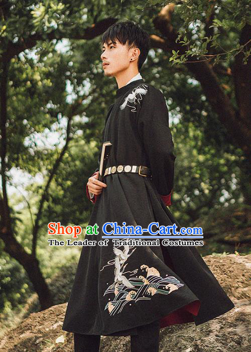 Asian China Tang Dynasty Swordsman Embroidered Costume, Traditional Ancient Chinese Elegant Hanfu Black Robe Clothing for Men