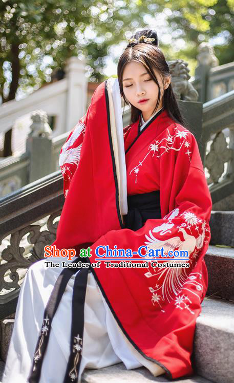 Asian China Han Dynasty Palace Lady Wedding Costume Embroidery Red Curve Bottom, Traditional Ancient Chinese Princess Elegant Hanfu Clothing for Women