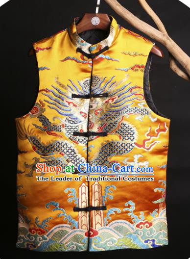 Asian China National Costume Embroidered Yellow Vest, Traditional Chinese Tang Suit Plated Buttons Embroidery Dragons Waistcoat Clothing for Men
