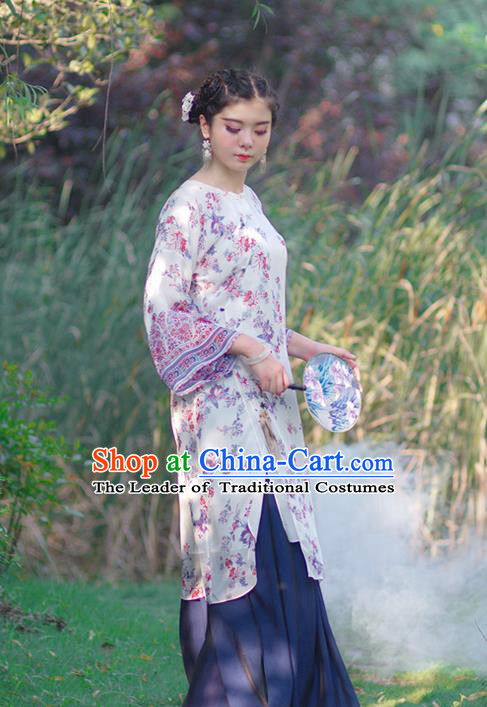 Asian China National Costume Slant Opening Printing Silk Hanfu Qipao Dress, Traditional Chinese Tang Suit Plated Buttons Cheongsam Clothing for Women