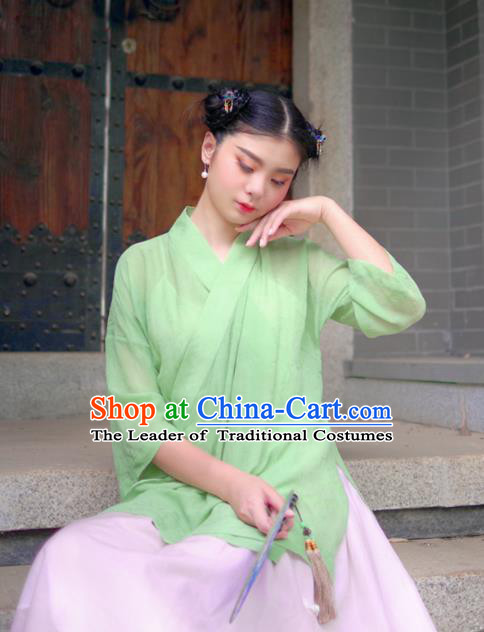 Asian China National Costume Hanfu Slant Opening Green Silk Qipao Blouse, Traditional Chinese Tang Suit Cheongsam Shirts Clothing for Women