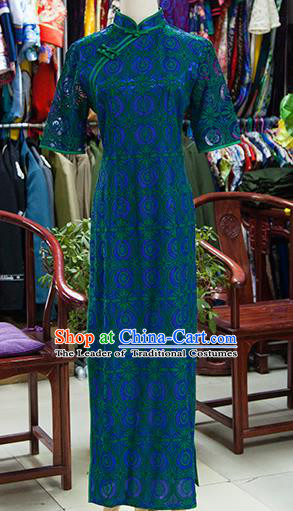 Traditional Ancient Chinese Republic of China Peacock Green Cheongsam, Asian Chinese Chirpaur Printing Qipao Dress Clothing for Women