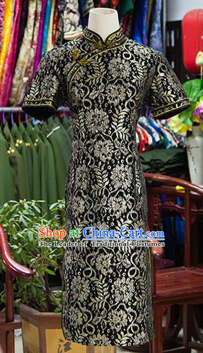 Traditional Ancient Chinese Republic of China Embroidered Cheongsam, Asian Chinese Chirpaur Black Qipao Dress Clothing for Women
