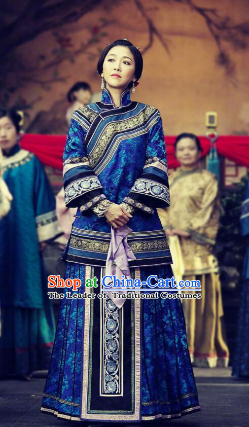 Traditional Ancient Chinese Republic of China Young Mistress Blue Costume, Asian Chinese Late Qing Dynasty Embroidered Xiuhe Suit Clothing for Women