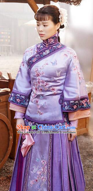 Traditional Ancient Chinese Republic of China Nobility Mistress Purple Costume, Asian Chinese Late Qing Dynasty Embroidered Xiuhe Suit Clothing for Women