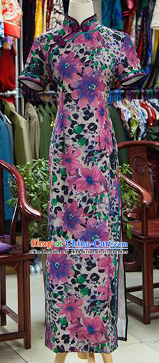 Traditional Ancient Chinese Republic of China Printing Flowers Purple Cheongsam, Asian Chinese Chirpaur Qipao Dress Clothing for Women