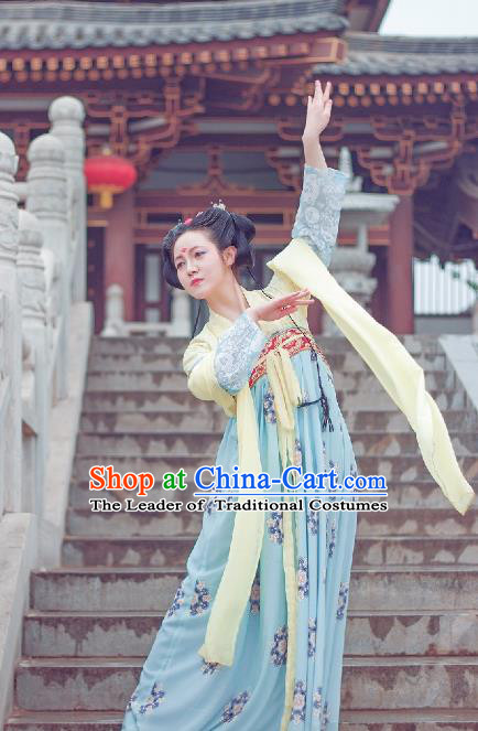 Traditional Chinese Ancient Costume Palace Lady Printing Blue Slip Skirt, Asian China Tang Dynasty Imperial Princess Hanfu Dress Clothing for Women