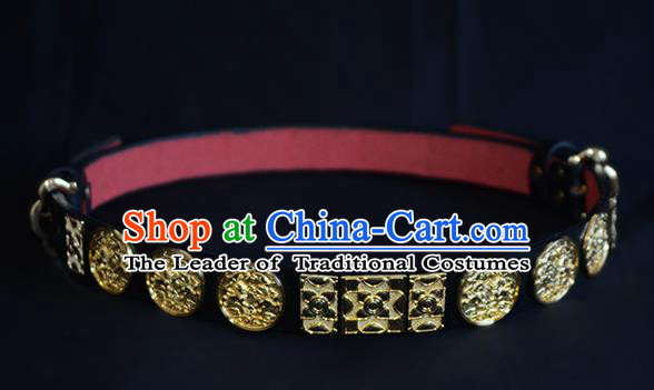 Traditional Ancient Chinese Hanfu Emperor Black Belts, Asian China Ming Dynasty Imperial Guards Leather Waistband for Men