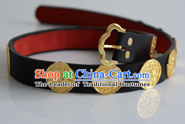 Traditional Ancient Chinese Hanfu Emperor Black Belts, Asian China Tang Dynasty Imperial Guards Leather Waistband for Men