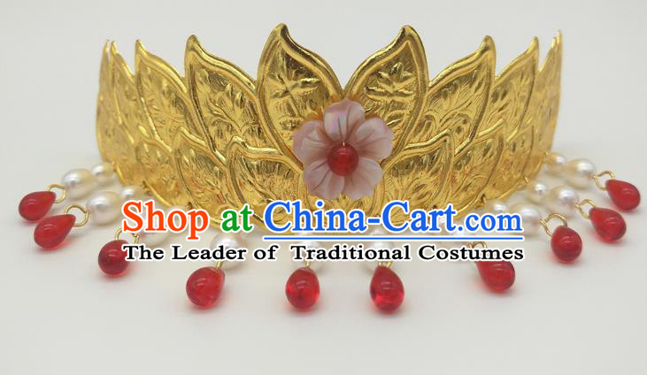 Traditional Handmade Chinese Ancient Classical Hair Accessories Queen Tassel Lotus Coronet, Princess Hair Fascinators Hairpins for Women